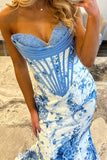 White Blue Flower Corset Mermaid Long Prom Dress