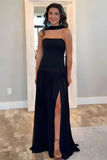 Black Sheath Strapless Pleated Long Prom Dress with Slit