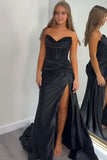 Sparkly Dark Green Mermaid Corset Satin Prom Dress with Slit
