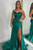 Sparkly Dark Green Mermaid Corset Satin Prom Dress with Slit