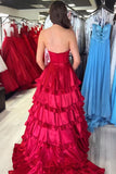 Burgundy A Line Halter Tiered Long Prom Dress with Ruffles