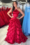 Burgundy A Line Halter Tiered Long Prom Dress with Ruffles