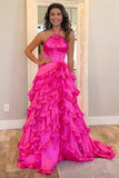 Fuchsia Ruffled A Line Corset Halter Prom Dress