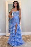 Blue Ruffled Tiered Mermaid Corset Long Prom Dress with Slit