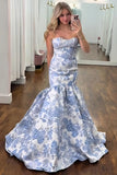 Lilac Strapless Jacquard Mermaid Long Prom Dress with Ruffles