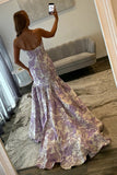 Lilac Strapless Jacquard Mermaid Long Prom Dress with Ruffles