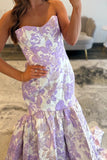 Lilac Strapless Jacquard Mermaid Long Prom Dress with Ruffles