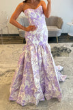 Lilac Strapless Jacquard Mermaid Long Prom Dress with Ruffles