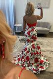 White Red Flower Spaghetti Straps Mermaid Long Prom Dress