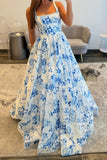 White Blue Flower Spaghetti Straps A Line Long Prom Dress