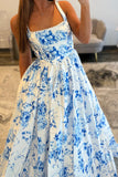 White Blue Flower Spaghetti Straps A Line Long Prom Dress