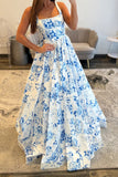 White Blue Flower Spaghetti Straps A Line Long Prom Dress