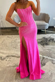 Sparkly Beaded Corset Mermaid Long Fuchsia Prom Dress with Slit