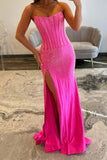 Sparkly Beaded Corset Mermaid Long Fuchsia Prom Dress with Slit