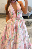 Pink Flower Deep V Neck A Line Long Prom Dress with Slit
