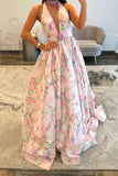 Pink Flower Deep V Neck A Line Long Prom Dress with Slit