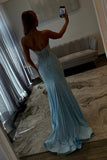 Sparkly Blue Corset Beaded Mermaid Prom Dress with Slit