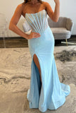 Sparkly Blue Corset Beaded Mermaid Prom Dress with Slit