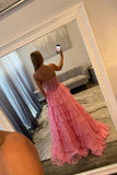 Pink Ruffled Tiered A Line Corset Long Prom Dress with Slit