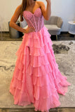 Pink Ruffled Tiered A Line Corset Long Prom Dress with Slit