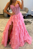 Pink Ruffled Tiered A Line Corset Long Prom Dress with Slit