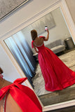 Red A Line Satin Spaghetti Straps Long Prom Dress with Beading
