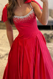 Red A Line Satin Spaghetti Straps Long Prom Dress with Beading