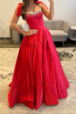 Red A Line Satin Spaghetti Straps Long Prom Dress with Beading