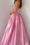 Pink 3D Flower A Line Satin Corset Long Prom Dress