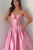 Pink 3D Flower A Line Satin Corset Long Prom Dress
