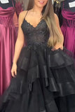 Black Organza A Line Corset Prom Dress with Ruffles