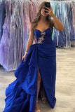 Royal Blue Cut Out Ruffled Long Prom Dress with Slit