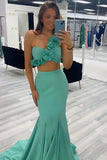 Green One Shoulder Hollow Out Mermaid 3D Flower Long Prom Dress