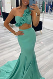 Green One Shoulder Hollow Out Mermaid 3D Flower Long Prom Dress