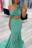 Green One Shoulder Hollow Out Mermaid 3D Flower Long Prom Dress