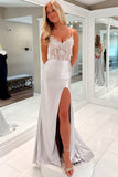 Light Grey Spaghetti Straps Lace Mermaid Corset Long Prom Dress with Slit