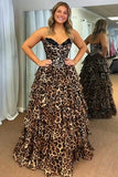 Brown Leopard Corset A Line Tiered Long Prom Dress