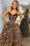 Brown Leopard Corset A Line Tiered Long Prom Dress