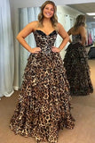 Brown Leopard Corset A Line Tiered Long Prom Dress