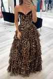 Brown Leopard Corset A Line Tiered Long Prom Dress