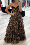 Brown Leopard Corset A Line Tiered Long Prom Dress