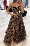 Brown Leopard Corset A Line Tiered Long Prom Dress