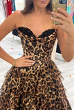 Brown Leopard Corset A Line Tiered Long Prom Dress