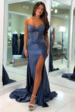 Grey Green Mermaid Corset Satin Long Prom Dress with Slit