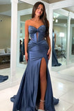 Grey Green Mermaid Corset Satin Long Prom Dress with Slit