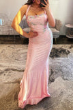Sparkly Blush Appliques Halter Mermaid Prom Dress with Beading