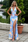 Halter Mermaid Blue Pink Flower Long Prom Dress with Slit
