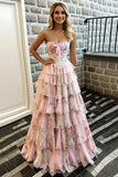 Pink Floral Strapless Tiered A-Line Corset Long Prom Dress
