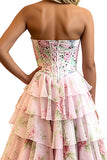Pink Floral Strapless Tiered A-Line Corset Long Prom Dress