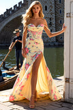 Off The Shoulder Yellow Mermaid Corset Long Prom Dress with Slit
